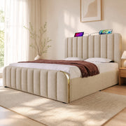 Letto matrimoniale imbottito 160x200 cm in lino beige con contenitore; USB e Type-C
