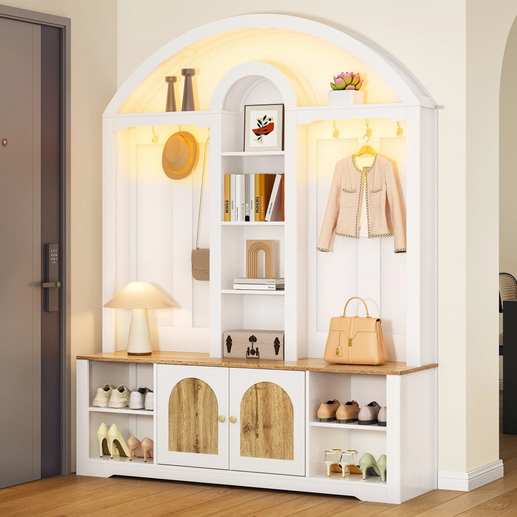 Mobile d'ingresso con 2 Ante; 3 Nicchie e Ganci; con Striscia LED USB; Stile Scandinavo; in MDF; 150??40??195 cm; Bianco