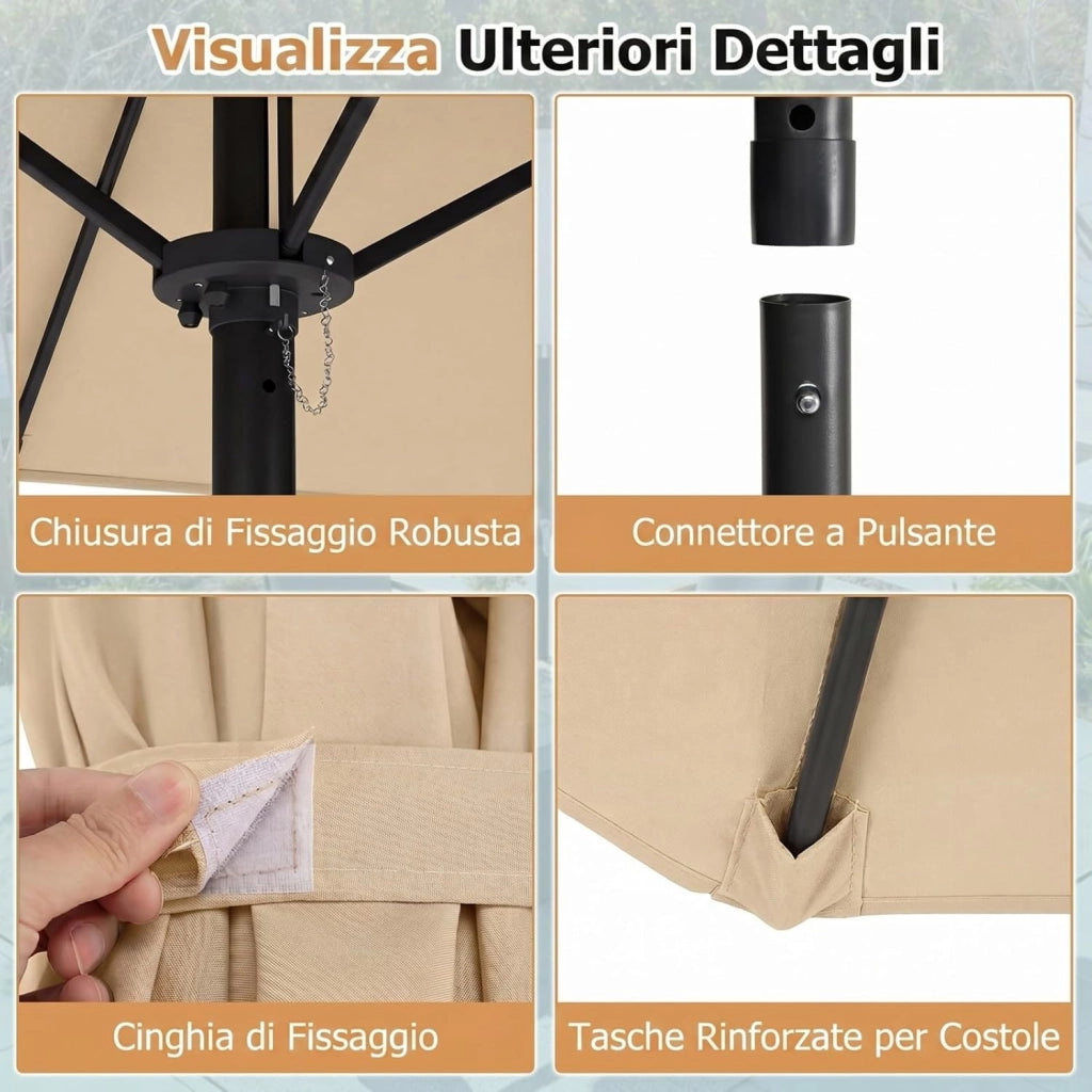 Ombrellone da Giardino Doppio 285 cm, in Tessuto con 12 Stecche Resistenti e Maniglia a Manovella Scorrevole, Anti-UV, senza Base, per Giardino e Piscina, 285 x 147 x 220 cm