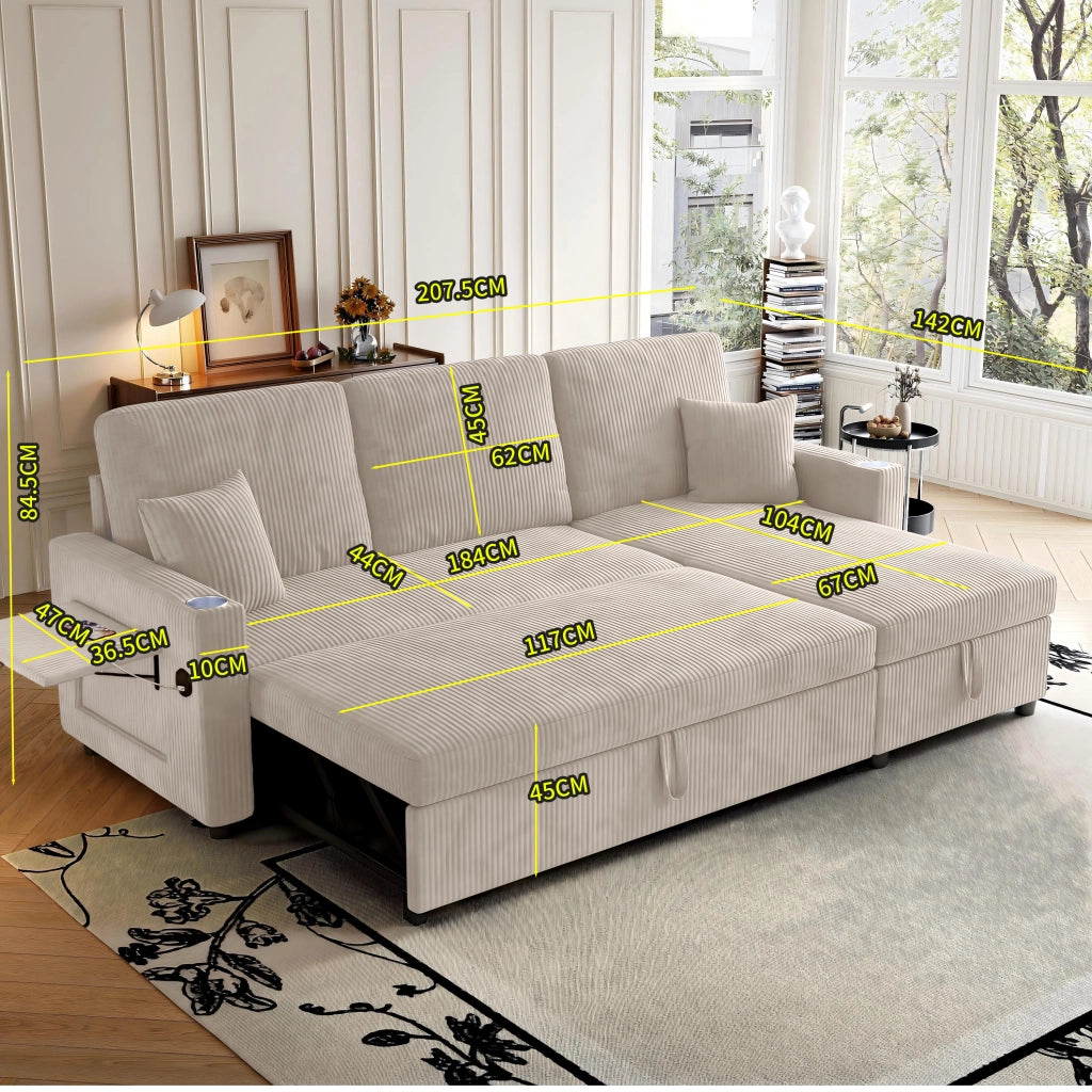 Divano angolare convertibile con funzione letto; contenitore; USB e portabicchieri in velluto a coste beige