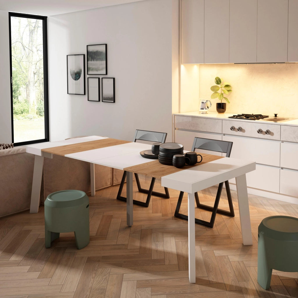 Consolle allungabile, 222x90x73cm, Per 10 persone, Gambe in legno, colore Rovere e bianco RF3017