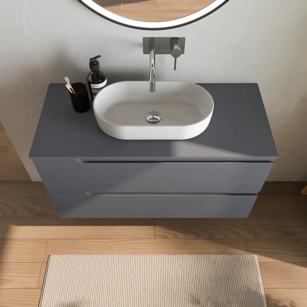 Mobile bagno sospeso 100 cm due cassetti grigio opaco con top | Ardenne