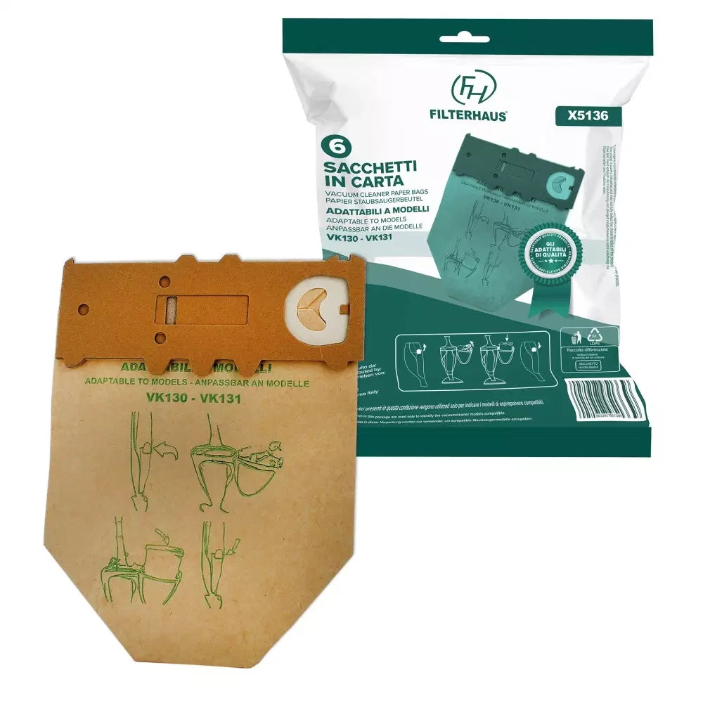 BUSTA 6PZ SACCHETTI CARTA ASPIRAPOLVERE FOLLETTO VK130 VK131 COMPATIBILI - Vorwerk Compatibili