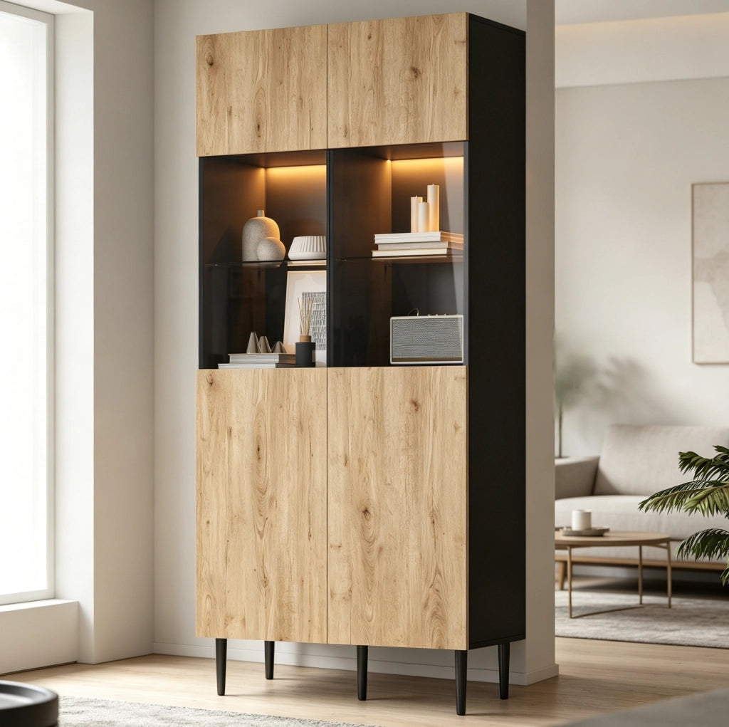 Vetrina moderna con LED, 10 vani e ante in vetro temperato