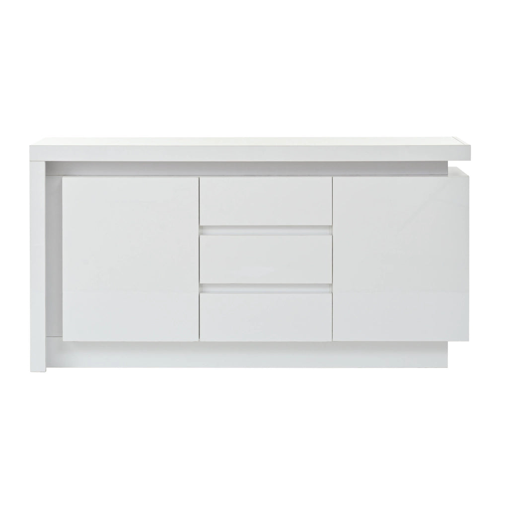 Credenza 140x35x72 cm con 3 cassetti; 2 ante e LED in truciolare bianco