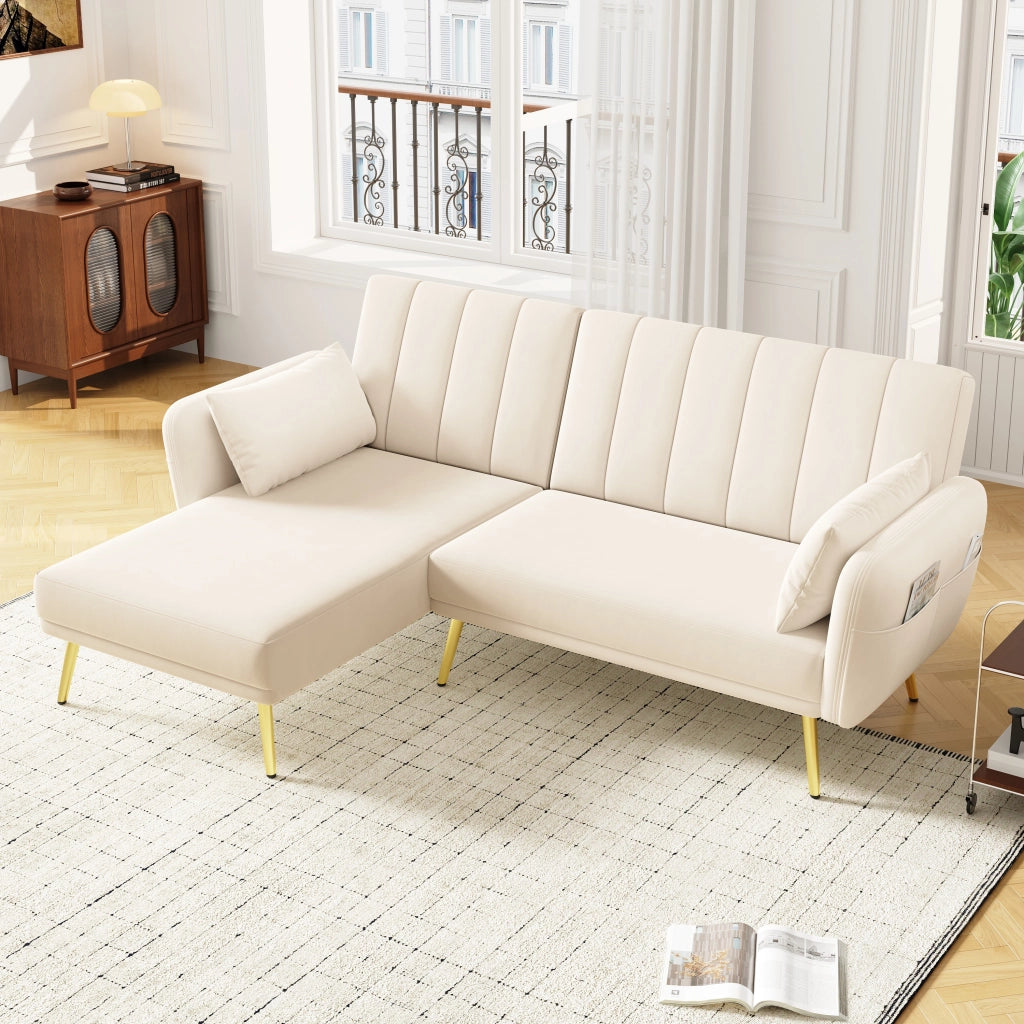 DIVANO LETTO angolare 191,5x130,5 cm in velluto beige con chaise longue reversibile