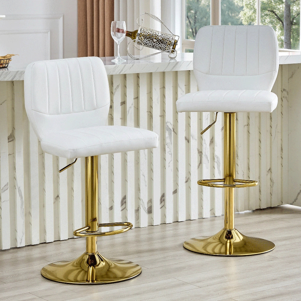 Sgabello da Bar Regolabile ¨C MINIMAL ¨C Similpelle Bianco Oro, Schienale, Girevole 360¡ã