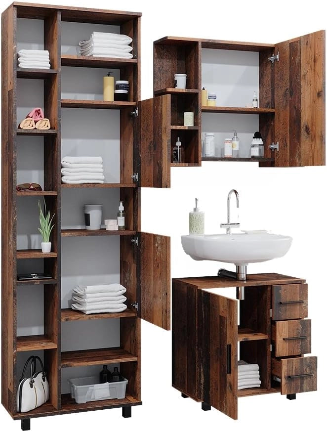 Set di mobili da bagno Ilias, Rovere rustico, 60 cm, composto da mobile sottolavabo, specchiera e colonna alta