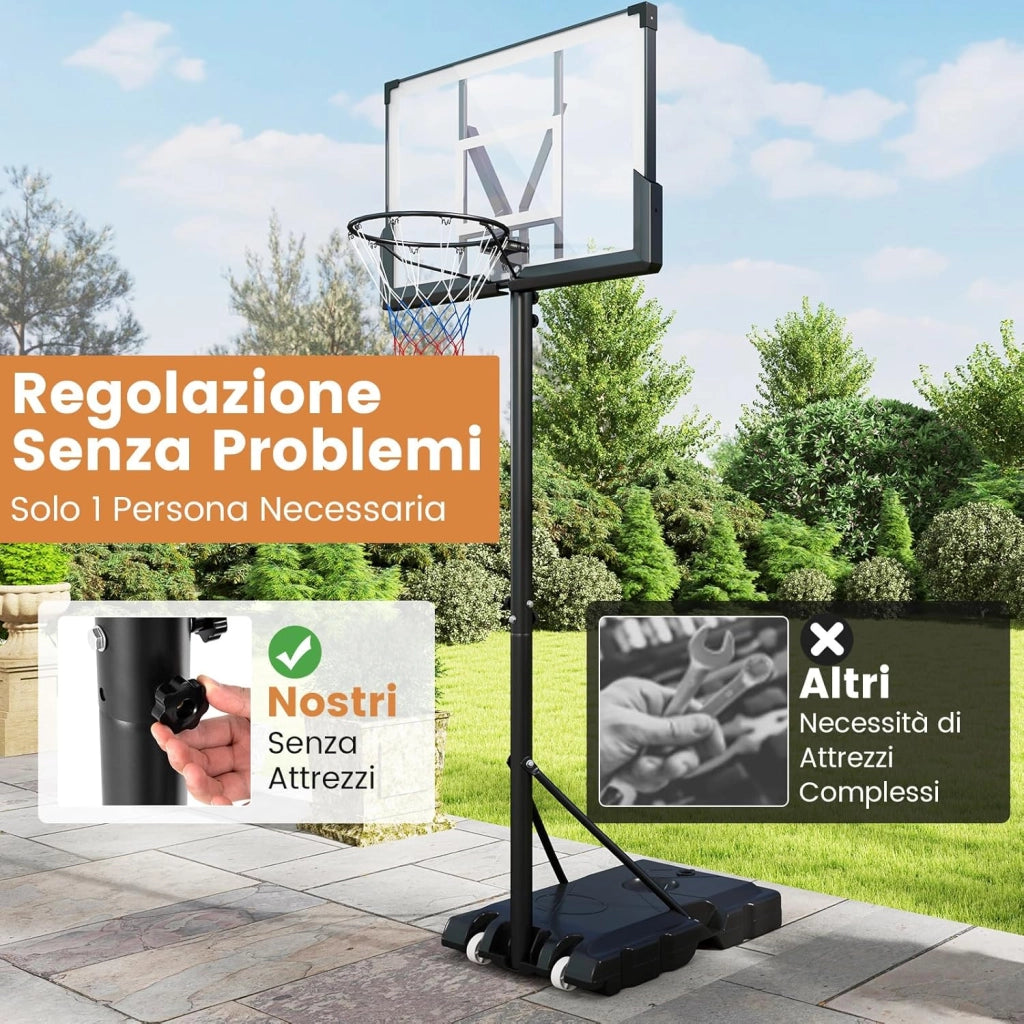 Canestro da Basket Regolabile 160-305 cm in Altezza per Adulti, Canestro con Piantana a Ruote, Canestro con Asta e Base Riempibile per Interno ed Esterno, Nero