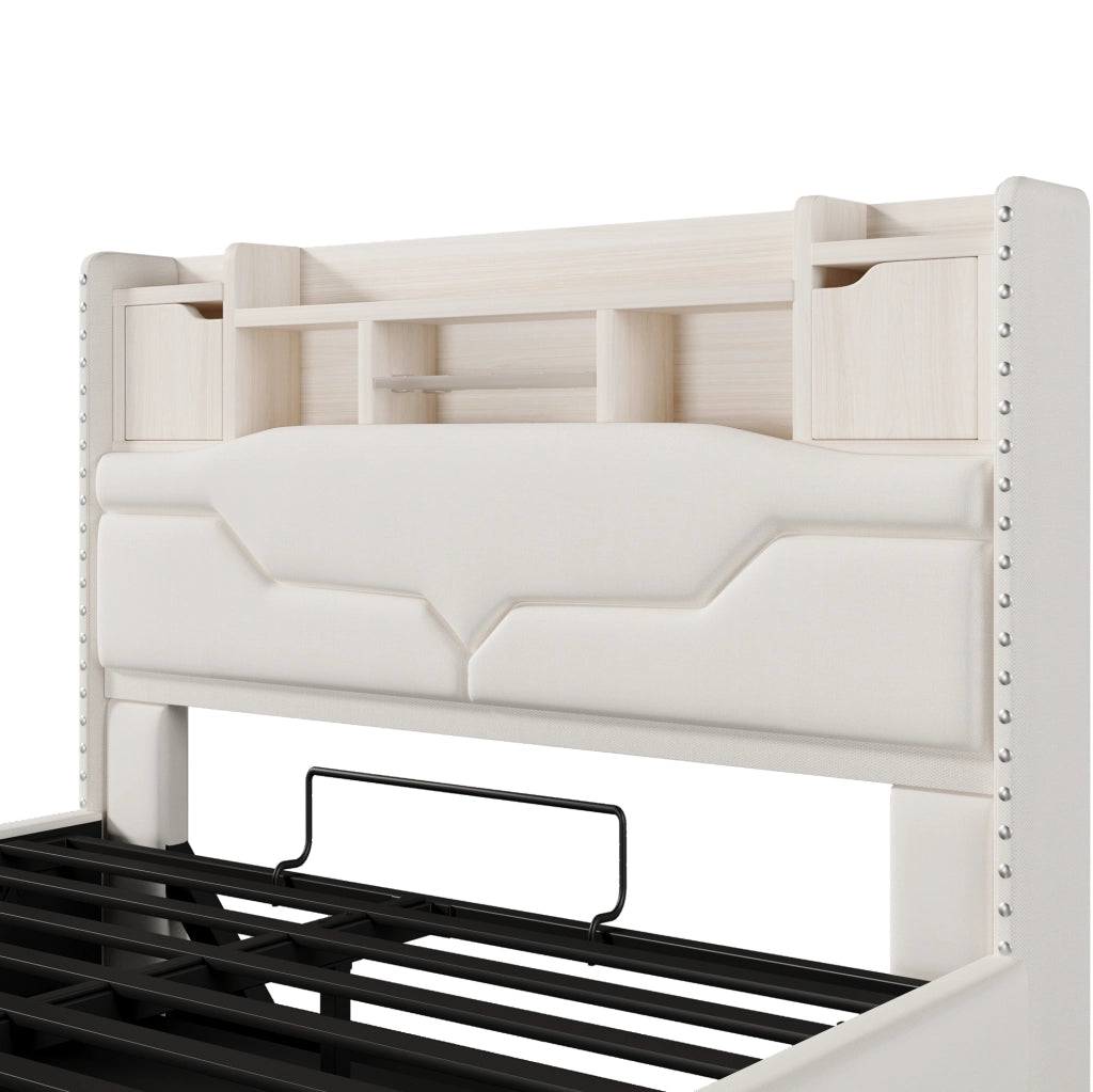 Letto matrimoniale imbottito 140x200 cm in lino beige con LED; presa USB e contenitore idraulico