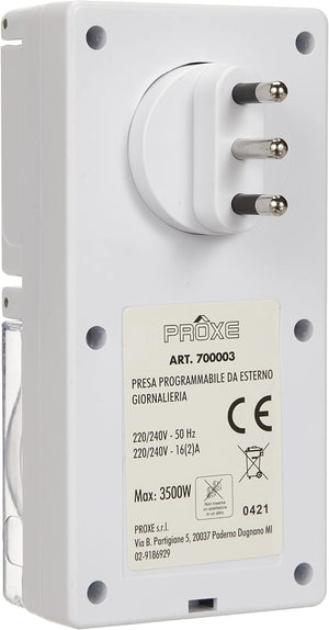 PROGRAMMATORE DA ESTERNO GIORNALIERO PRESA TEMPORIZZATA spina + presa 16A bianco PROXE