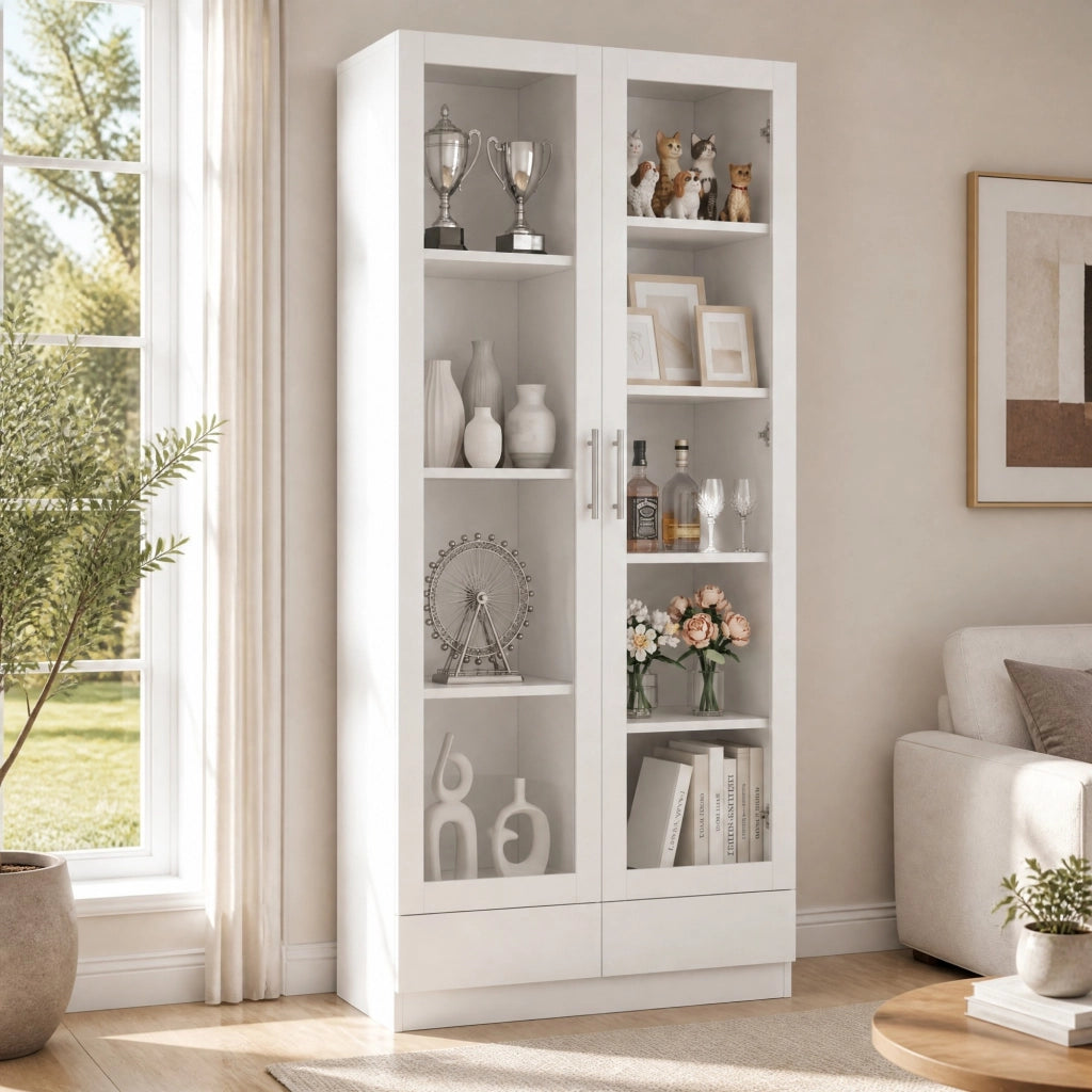 Armadio vetrina bianco con 2 cassetti, ripiani regolabili e vetri temperati, 160x40x80 cm