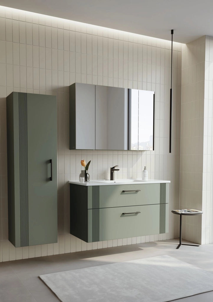Set mobile lavabo con specchio (2 pezzi) "Bari 100 v2" - 100 x 45 x 55 cm - Verde opaco