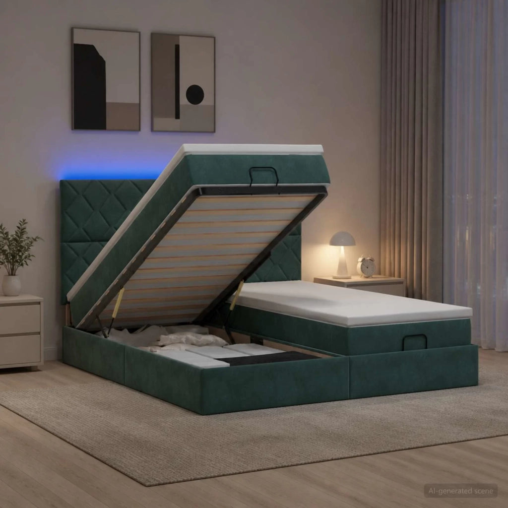 Letto Ottomano con Materasso e LED Verde Scuro 200 x 200 cm 3458523