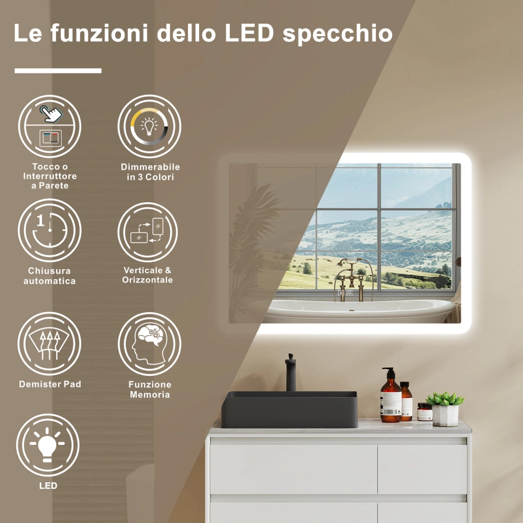 Aica Specchio da bagno a LED con Bluetooth 80 x 60 cm, 3 colori di luce regolabili, tasti a sfioramento