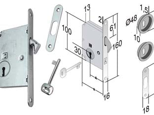 SERRATURA PORTE SCORREVOLI A GANCIO CHIAVE PATENT B. TONDO CR. SAT.- - mm.50 frontale e incontro cromo satinato -  BONAITI