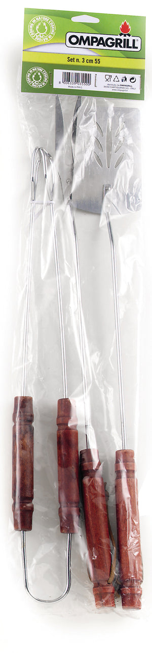 Ompagrill SET UTENSILI PER BARBECUE 3 PEZZI: pinza, paletta, forchettone con manico da cm. 55