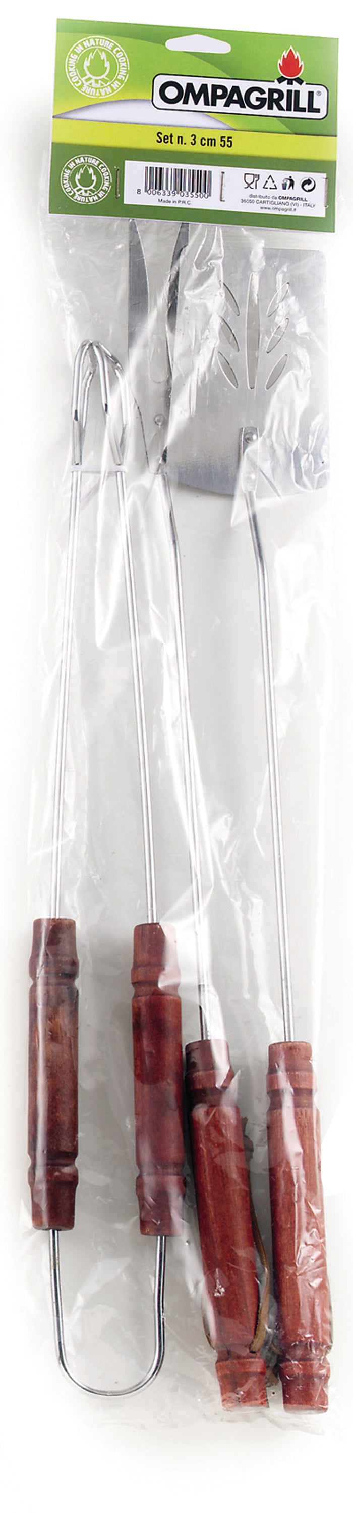 Ompagrill SET UTENSILI PER BARBECUE 3 PEZZI: pinza, paletta, forchettone con manico da cm. 55