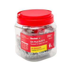 TASSELLO IN NYLON CON VITE TRUCIOLARE TESTA SVASATA PIANA E PUNTA SDS MODELLO SX PLUS PER FISSAGGIO - ø6X30 S + PUNTA SDS - BARATTOLO DA 200 PEZZI  - FIS