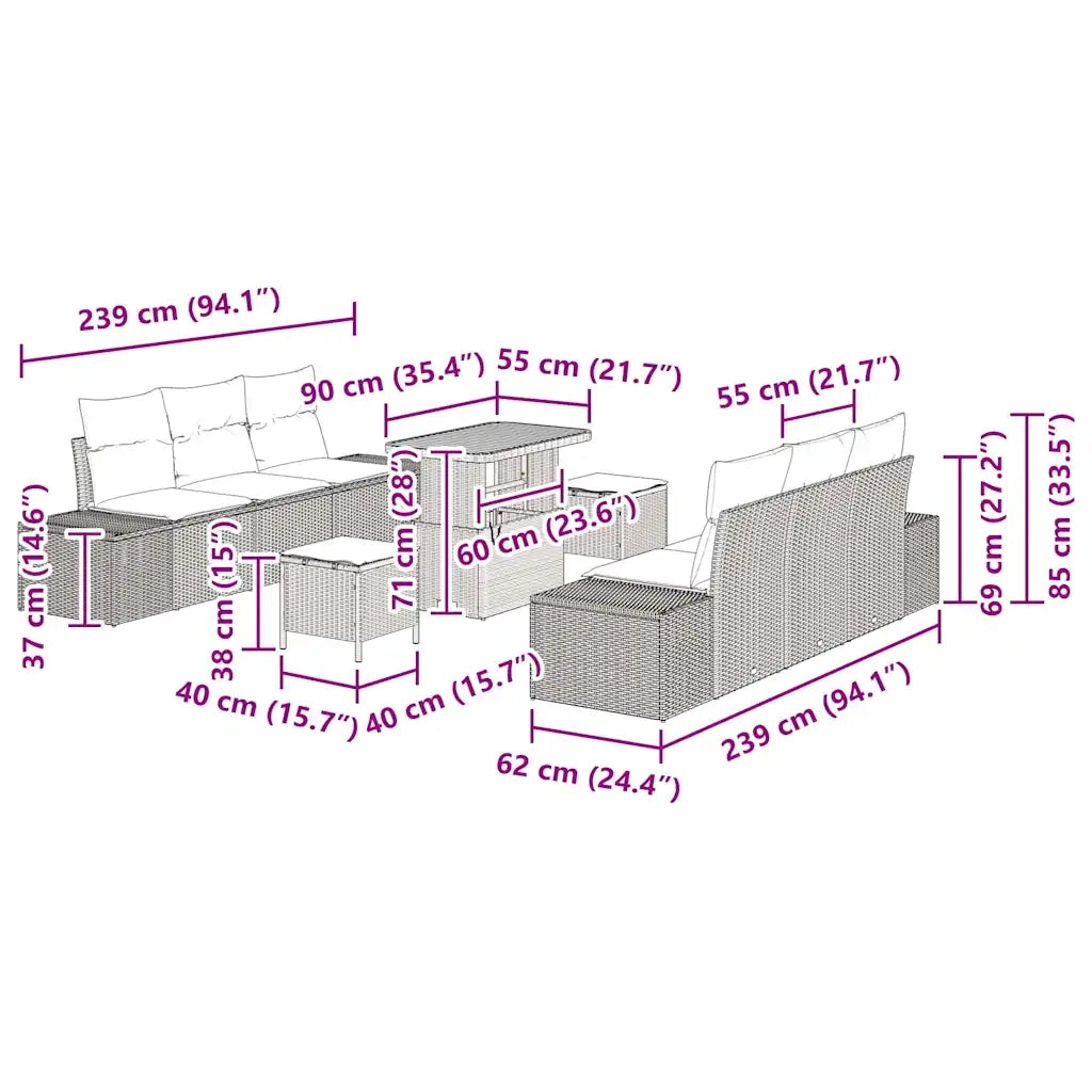 Set Divano da Giardino con cuscino 9 pcs Nero polyrattan 3362739