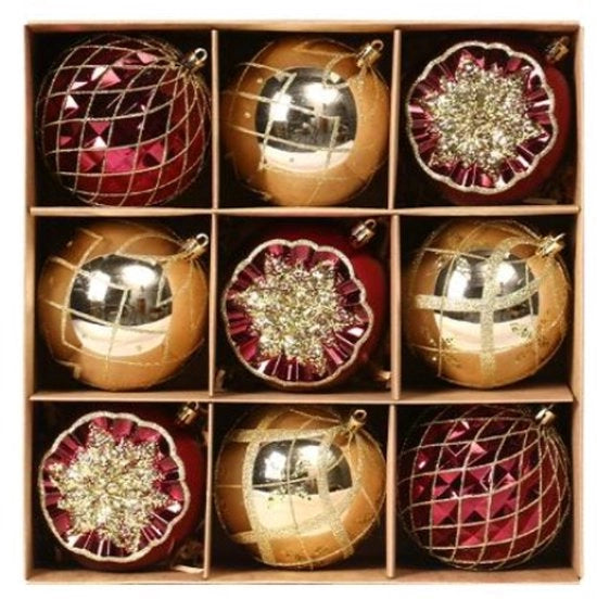 Set di decorazioni per albero di Natale da 9 pezzi, decorazioni classiche rosse e bianche per albero di Natale, decorazioni da appendere per albero di Natale, decorazione per albero di Natale indeformabile per interni ed esterni (oro + rosso)