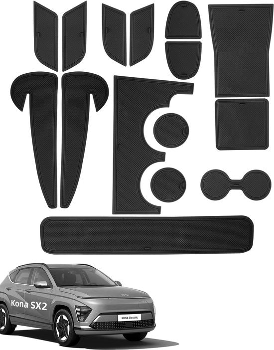 Matten Antislip per Hyundai Kona SX2 2024-2025, 15 pezzi di gomma per console centrale, cassetto portaoggetti, portabibita, vano porta manubrio, tasca porta braccio, nero