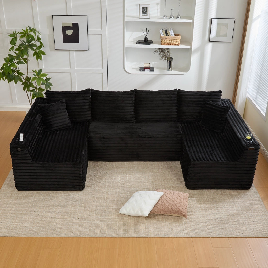 Divano modulare a U con portabicchieri e tasche laterali in velluto a coste nero con 4 cuscini 320 × 155 × 88 cm