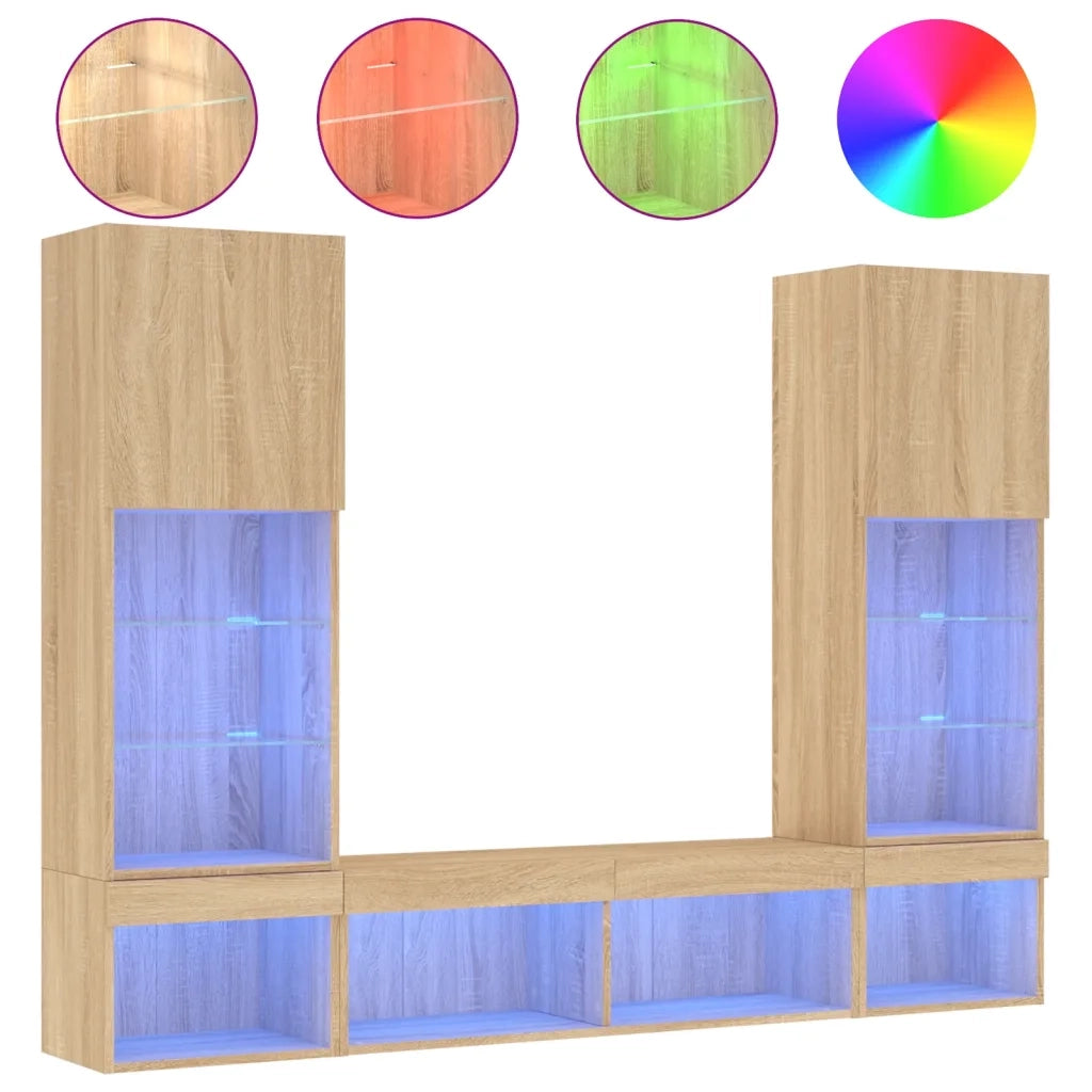 Mobili TV a Muro con LED 5pz | Armadietto TV | Mobile Porta TV Rovere Sonoma Legno Multistrato