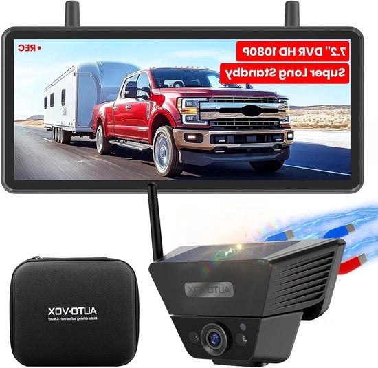 Retrovisore con alimentazione a energia solare, monitor 72 pollici, risoluzione 1080p HD, installazione rapida 1 minuto, contenitore di stoccaggio IP69K impermeabile, retrovisore per rimorchi autoarticolate.