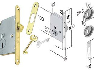 SERRATURA PORTE SCORREVOLI A GANCIO CHIAVE PATENT B. TONDO OTT. LUC.- - mm.50 frontale e incontro ottone lucido -  BONAITI