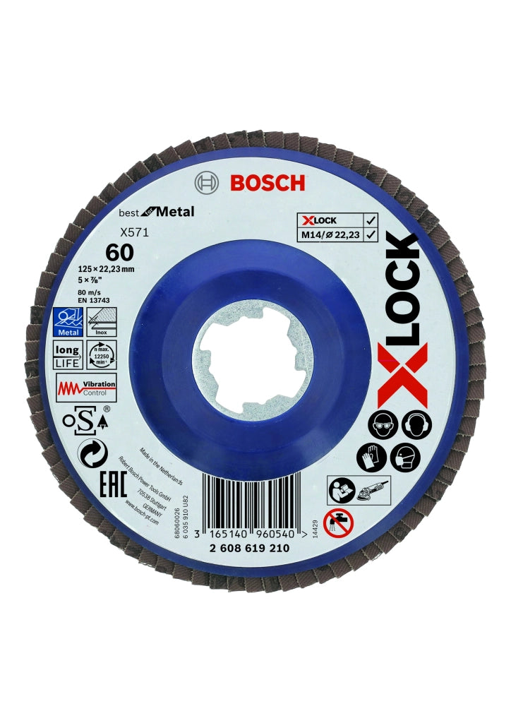 2608619210 - Dischi lamellari X-LOCK, versione dritta, piastra in plastica Ø125 mm, G 60, X571, Best for Metal, 1 pz. D: