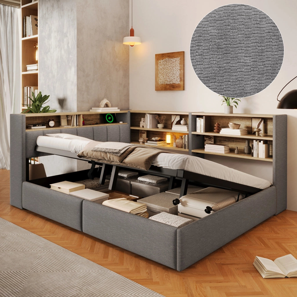 Letto Contenitore Matrimoniale LEMONMAX 140x200 cm con Sollevamento Idraulico, LED APP, USB-A/USB-C e Modulo Laterale, Velluto Grigio