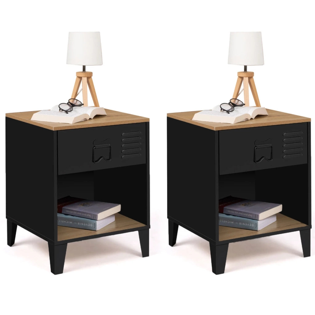 IDMarket - Set di 2 comodini ESTER a 1 cassetto in metallo nero con nicchia e piano in faggio in stile industriale