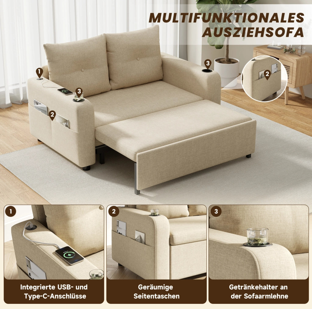 Divano Letto 3-in-1 Beige con Porta Bicchieri, Tasche Laterali, Cuscini e Porta USB, 2 Posti