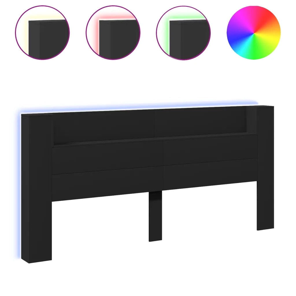 Testiera con Contenitore a LED-Testiera con Ripiani Nera 220x16,5x103,5 cm