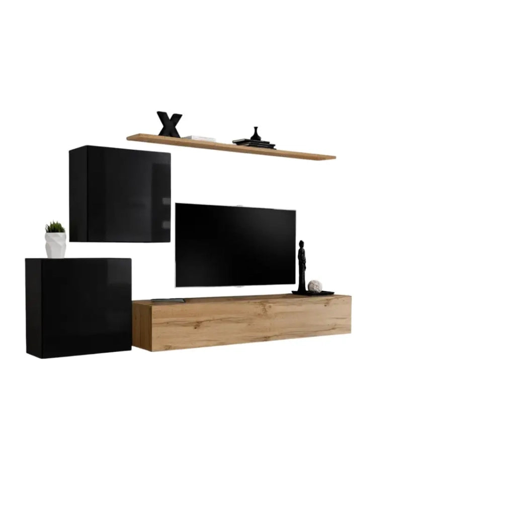 Set di mobili per soggiorno SWITCH V design, colore quercia Wotan e nero lucido.