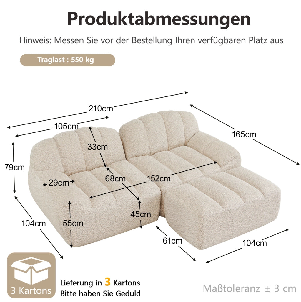 Divano modulare 2 posti con ottoman in pile granulato beige bianco HAVRYA
