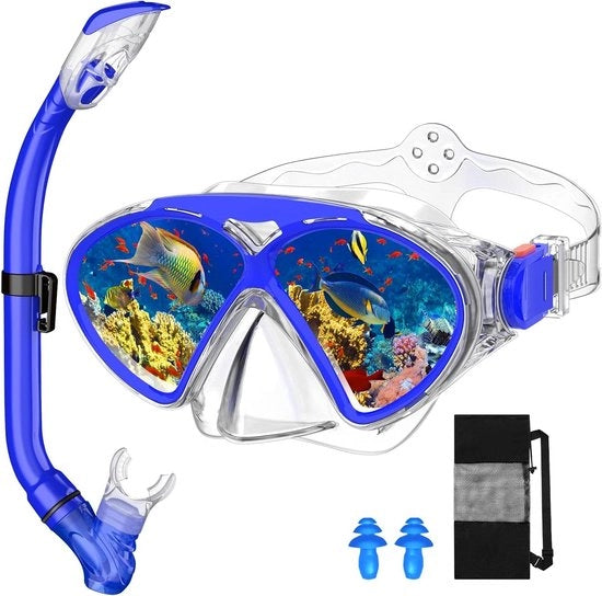Duikmasker per bambini con parte superiore asciutta e occhiali da snorkel anti-condensazione, campo visivo panoramico a 180° per ragazzi e ragazze