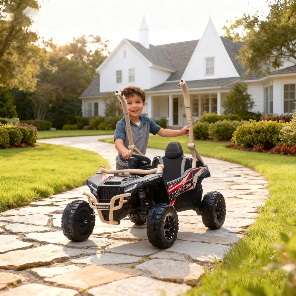 Macchina Elettrica per Bambini 3-5 Anni 12V con Licenza Kawasaki Doppio Motore Telecomando e Musica Giallo