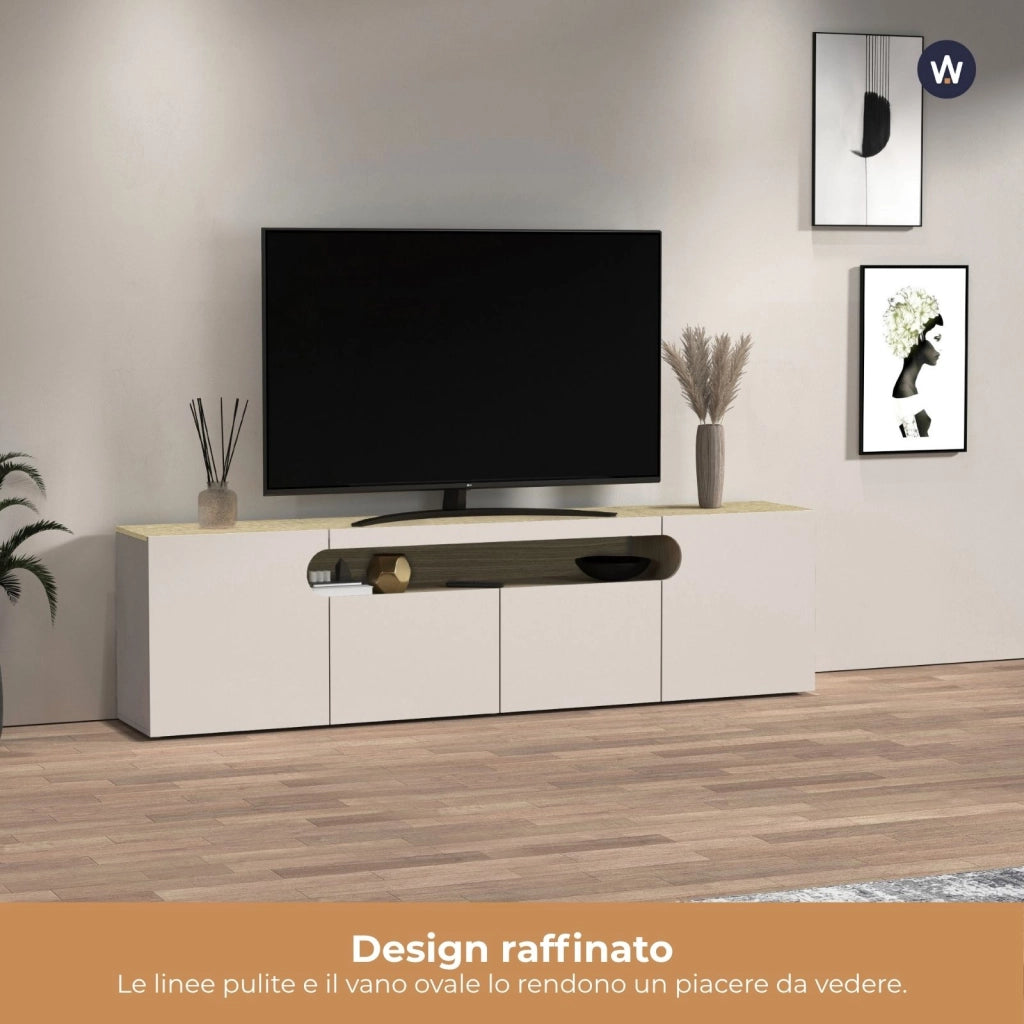 WHOUS Mobile porta TV Real con 4 ante e 1 vano aperto cashmere e rovere chiaro 200x40x60 cm