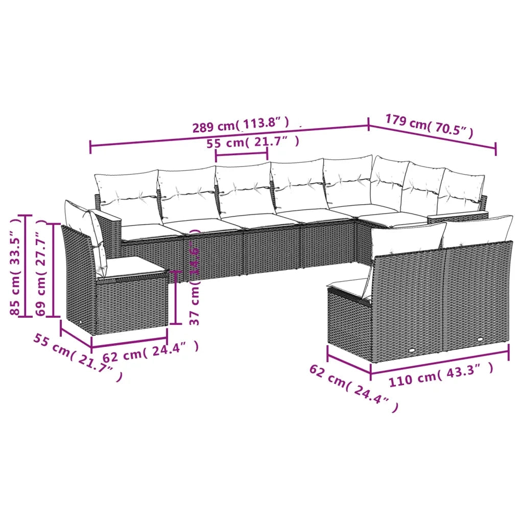 Set Divani da Giardino 10pz con Cuscini in Polyrattan Nero 3226070