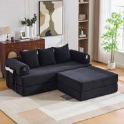 DIVANO modulare in velluto a coste 200x190x67 cm nero con 3 cuscini e pouf