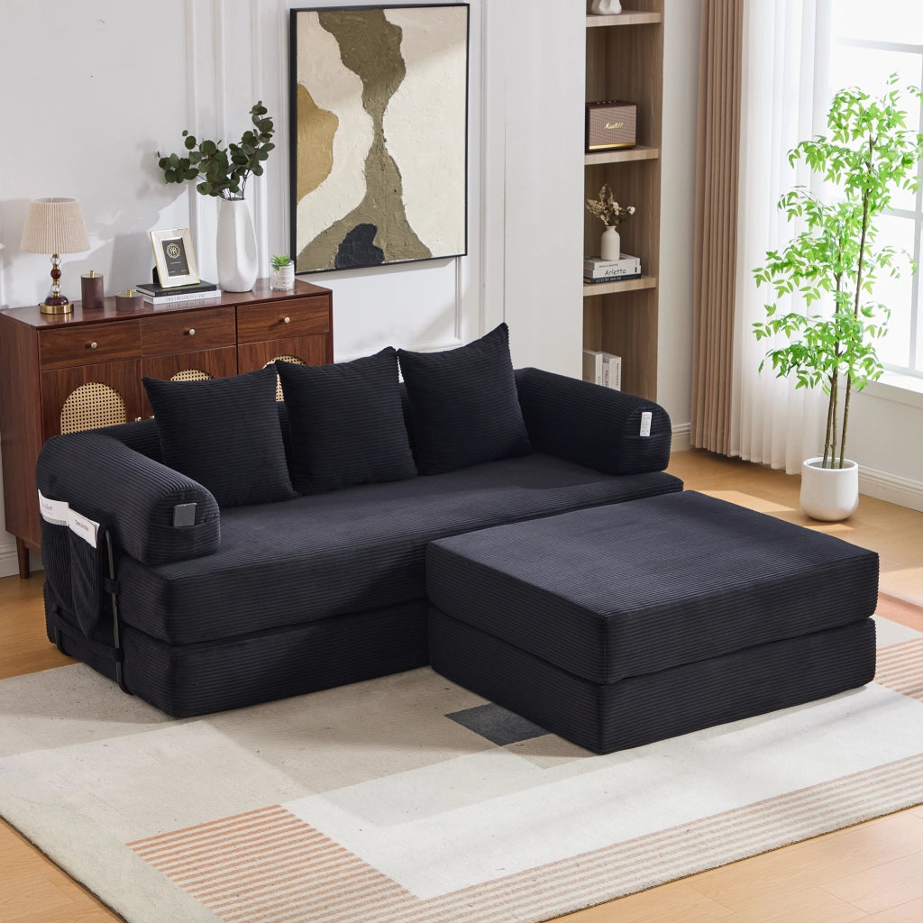 DIVANO modulare in velluto a coste 200x190x67 cm nero con 3 cuscini e pouf