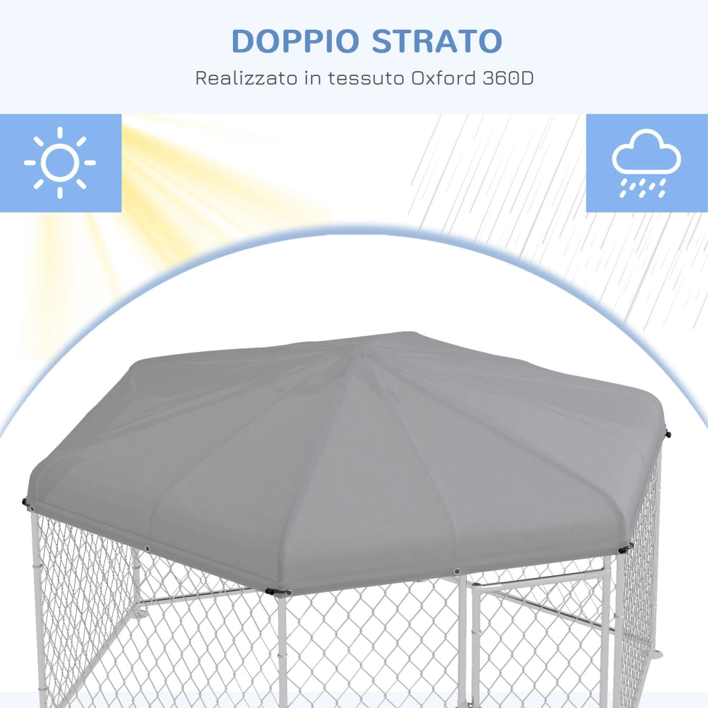 Recinto per Cani Taglia Grande 2,1x1,85x1,5m Tetto in Tessuto Oxford Anti UV Argento e Grigio