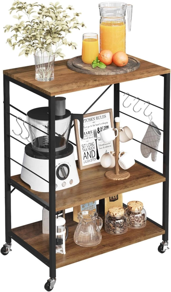 Scaffale da Cucina con Ruote, Carrello Cucina a 3 Livelli, Scaffale per Microonde con 4 Ganci, Carrello da Bar con Struttura in Metallo, Marrone Rustico+Nero, 60x40x82,5 cm