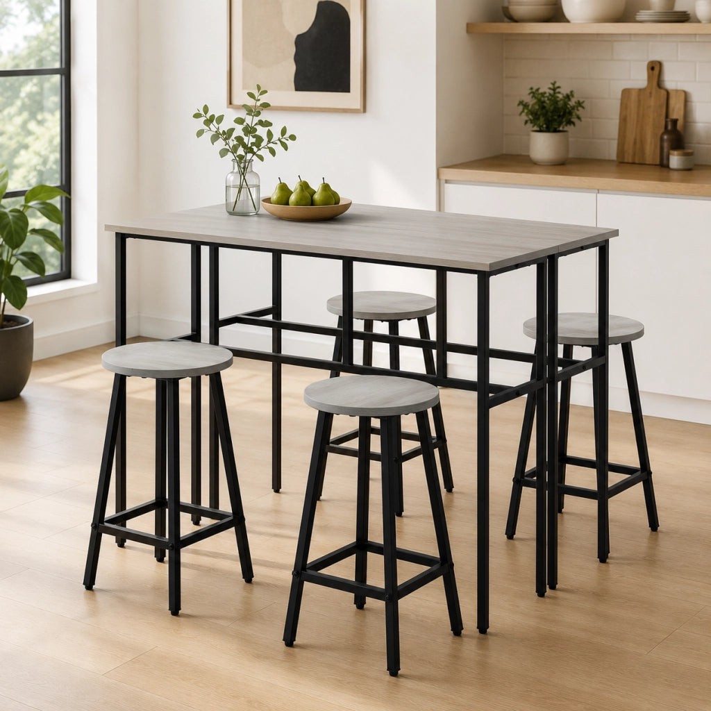Set bar 6 pezzi con 2 tavoli e 4 sgabelli salvaspazio in legno e acciaio grigio