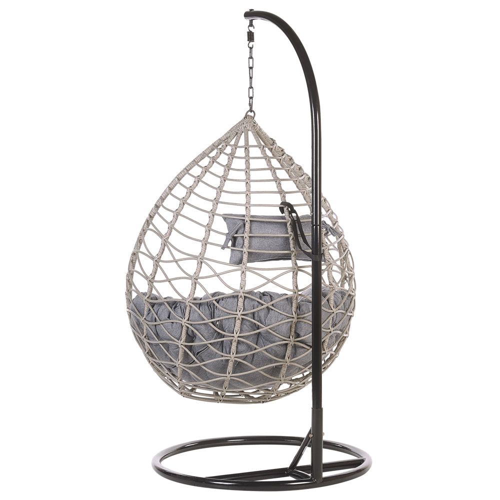 Sedia sospesa poltrona pensile in rattan grigio con struttura in metallo a forma di cestino per interni ed esterni Boho