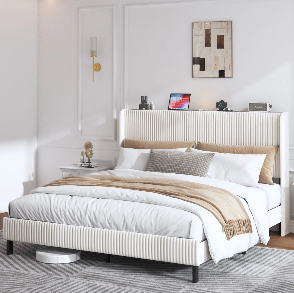 Letto imbottito 180x200 cm con struttura metallica silenziosa in velluto a coste beige e crema