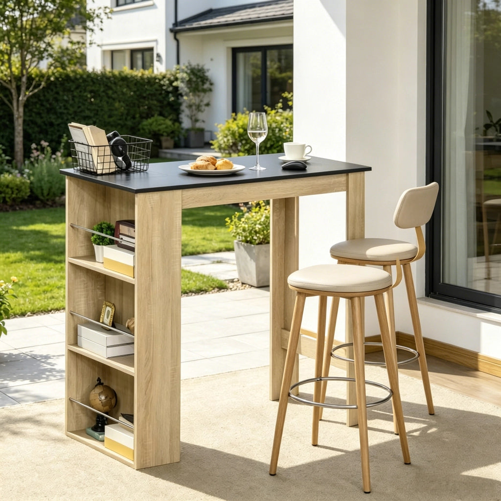 Tavolo da pranzo con 3 ripiani laterali; barra portaoggetti - per cucina e ufficio - in truciolare - 112x57x106 cm - nero e rovere