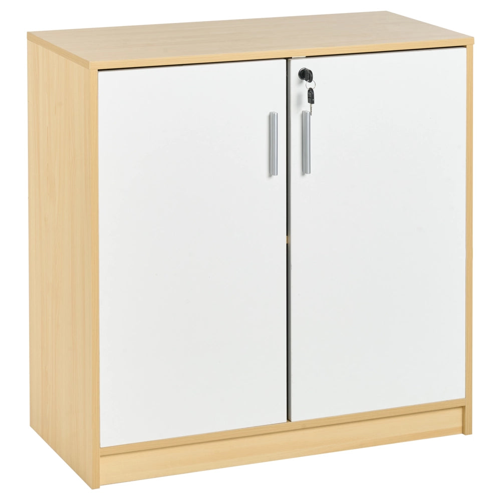 Armadietto di stoccaggio Armadietto in particelle di legno bianco marrone chiaro con 2 ripiani e 2 porte per l'ufficio moderno.